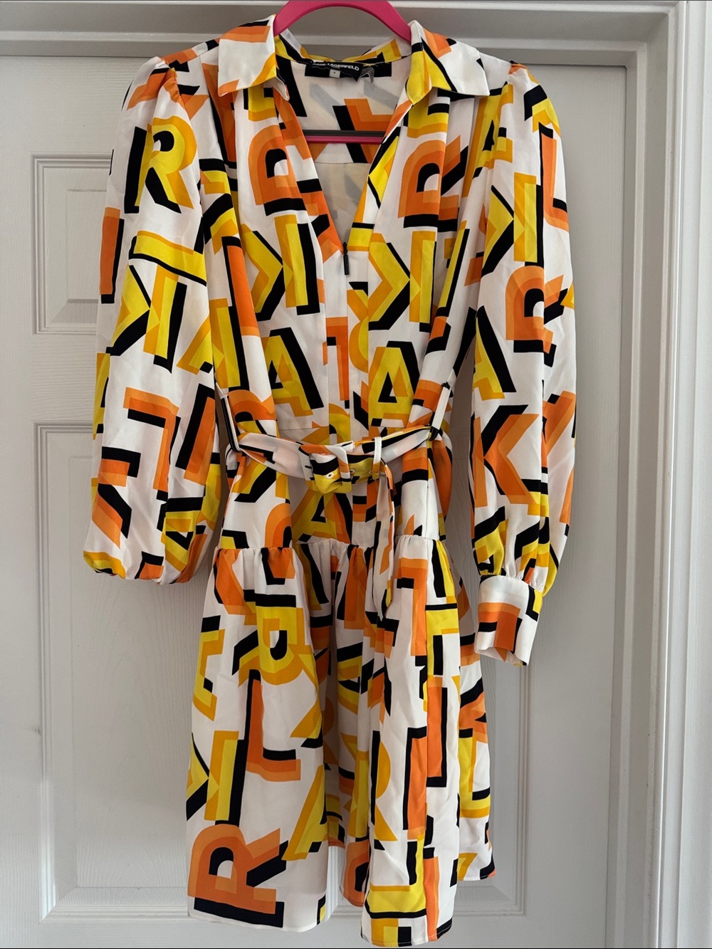 Karl Lagerfeld White Shirt Dress with Yellow, Orange & Black Graphic Print